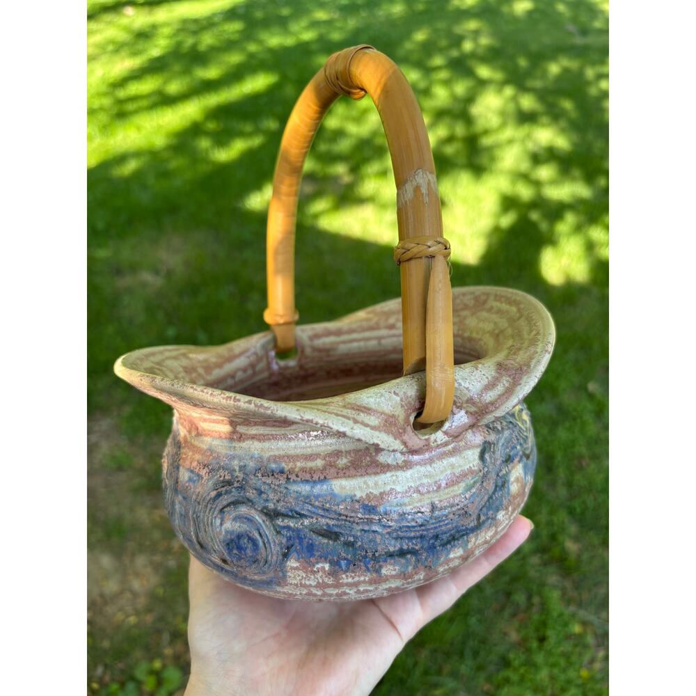 Brooman Handmade Signed Pottery Bowl With Rattan Handle